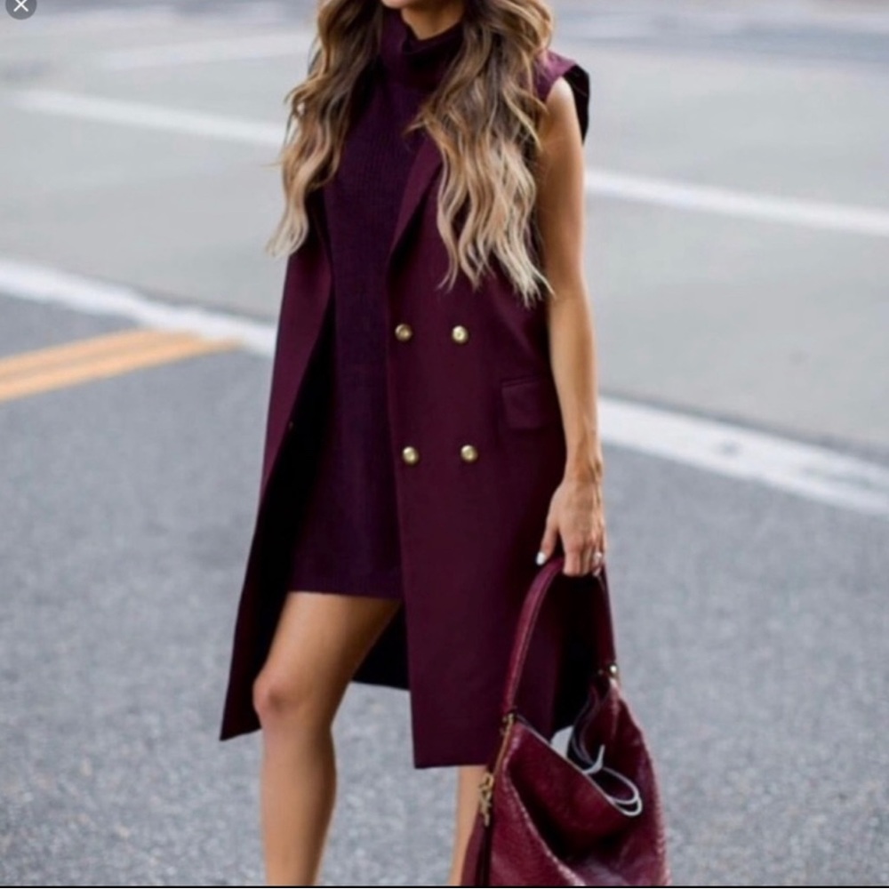 Topshop Long Sleeveless Belted Burgundy Vest